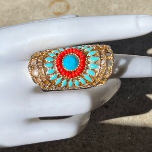 Turquoise Coral Stones in a Cut Out Tone Southwestern Statement Ring Sz 7.5